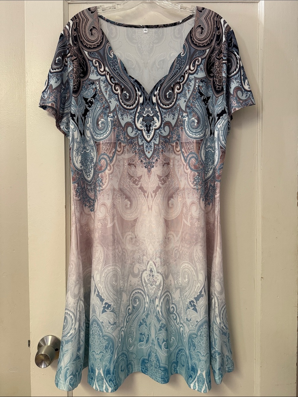 Paisley Scalloped V-Neck Dress Short Sleeve Gradient Blue & Pink Print Sz XXL - Picture 5 of 14